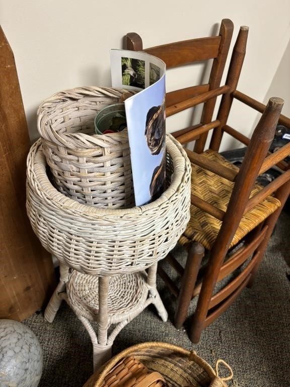 2 wicker plant holder, with basket and jello mold