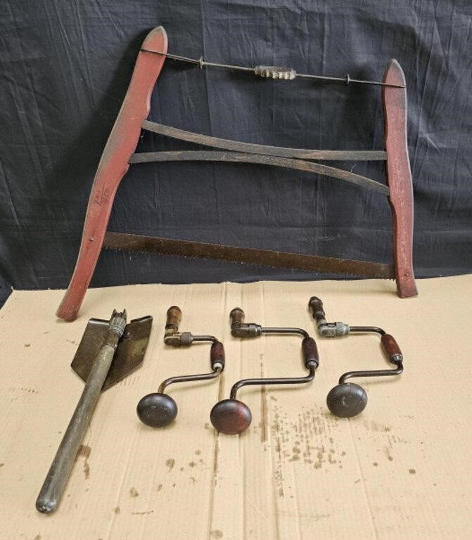 Group of vintage tools, shovel and hand saw, box