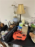 2 lamps, tripod in bag, brass tea pot and cups,