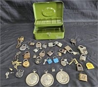 Large group of antique locks and keys, metal box