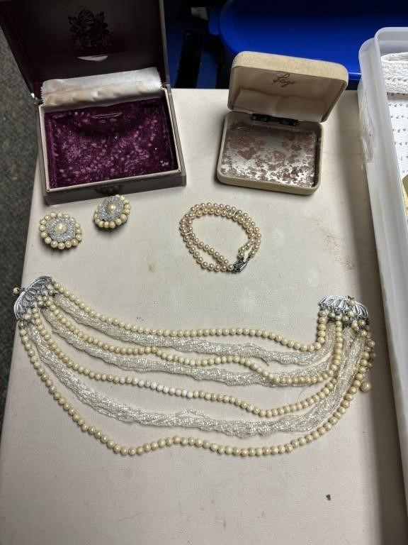 pearl necklace, clip on earrings, bracelet