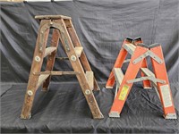 Group of two step ladders, one vintage wooden