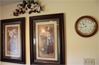 Wall Decor Lot with Clock, Pair of Prints, Etc.