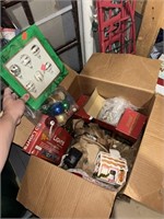 box of Christmas, votive gingerbread house, bulbs