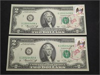 Pair of 1976 Bicentennial Stamped $2 US paper