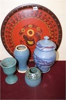 Blue Pottery & Handpainted Wood Platter