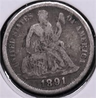 1891 SEATED DIME VF