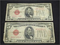 Pair of 1928 $5 Red Seal US paper money bills