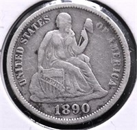 1890 SEATED DIME VF