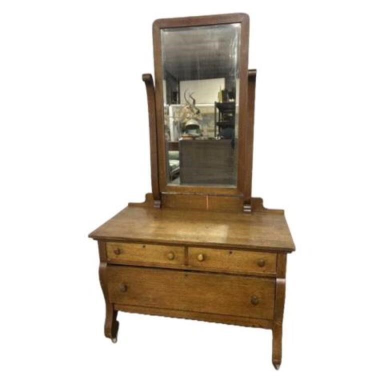 Vintage Oak Dresser With Beveled Mirror