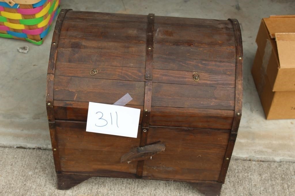 WOODEN TREASURE CHEST AND CONTENTS, 19X15X19