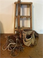 TOOL BELT, LEATHER SATCHEL, BELT AND WOOD TWO