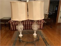 Pair of large lamps with brass base and grape