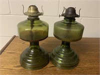 Pair of vintage oil lamps, green glass base