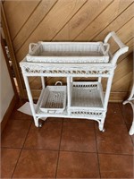 White wicker cart on wheels with removable tray
