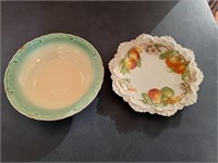 Ornate fruit design plate with ruffled edge marked