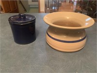 Vintage pottery spittoon and cobalt blue stoneware