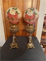 Pair of matching parlor lamps, painted globes,