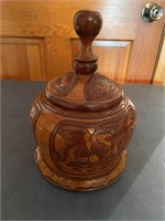 Carved wood bowl with lid, bottom is cracked