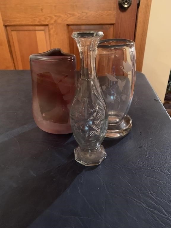 3 vases - one etched (heavy), ombre with leaf,