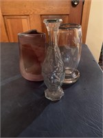 3 vases - one etched (heavy), ombre with leaf,