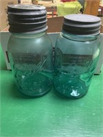2 blue Ball jars, 3 pint jar mugs, jar with lid