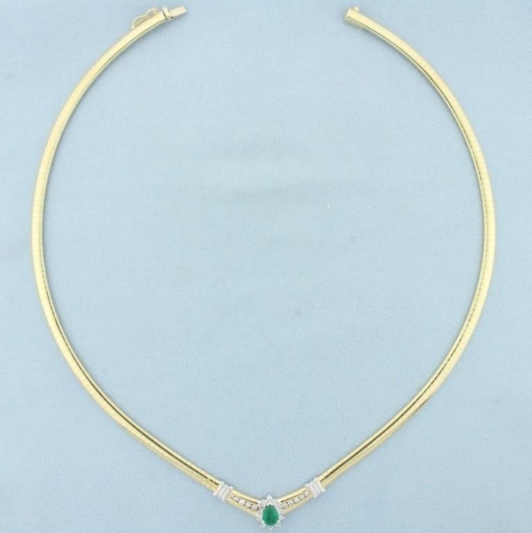 Emerald and Diamond Omega Necklace in 14k Yellow G