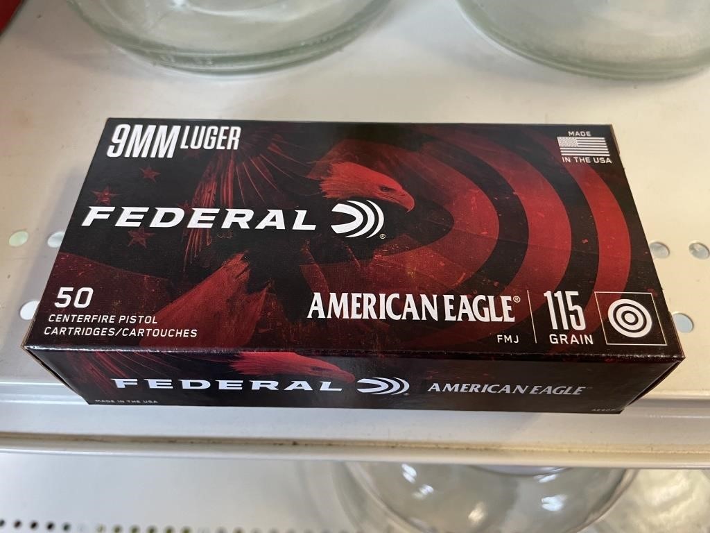 box of 50 Federal 9mm Luger centerfire pistol cart