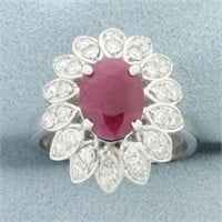 Ruby and Diamond Flower Ring in 14k White Gold