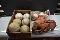 Wooden Box w/ Softball/Baseball Items