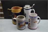 3 Ceramic Beer Steins and a Pitcher