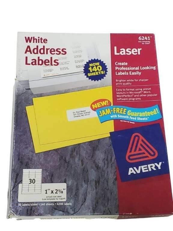Avery 6241 White Address Label Sheets   AUB15