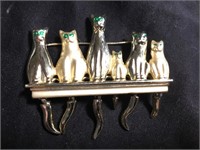 Vintage Gold Tone Cats On A Fence Fashion Brooch