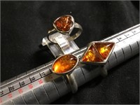 Lot Of 3 Sterling Silver & Amber Rings Sz 7.5 Etc
