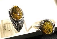 Lot Of 2 Sterling SIlver & Amber Rings Sz 7/8