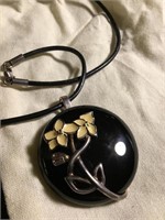 Sterling Enameled Flower & Onyx Stone Pendant