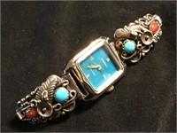Watch W/ Vtg Navajo Sterling Silver Watch Tips