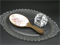 Vintage hand mirror and hobnail dresser tray
