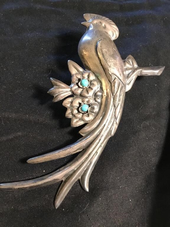 Vtg LARGE Mexican Silver & Turq. Bird Brooch 4.5in