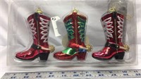F13) NEW RED SHED GLASS ORNAMENTS, BOOTS, NICE