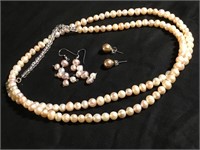 Lot Of Pink Pearl Earrings & Necklace