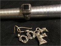 Lot W/ Sterling & Onyx Jewelry Ring Earrings Etc