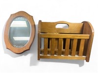 Wooden magazine holder and wooden oval mirror
