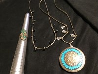 Sterling Marked Round Brooch & Necklace/Ring