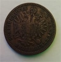 OF) Copper Austrian 1885A 1 Kreuzer coin.