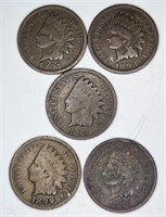 FIVE Pre 1900 Indian Head Cents