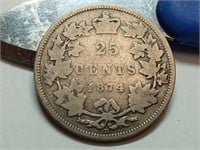 OF) 1874 H Canada silver 25 cents