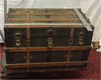 NW) OLD STEAMER TRUNK, WOOD SLATS, LEATHER STRAPS,