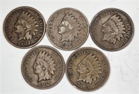 FIVE Higher Grade Indian Head Cents
