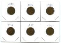 (6) Indian Head Pennies: 1900, 1902, 1903, 1904,
